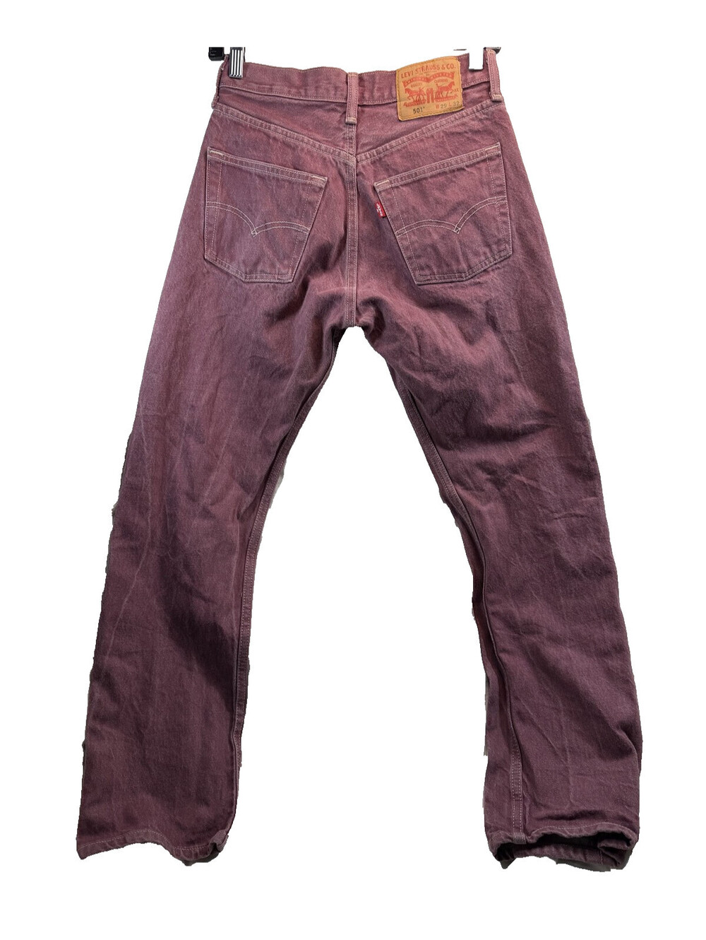 Vintage 90s Levis 501 Jeans Mens 29x32 Faded Burgundy Plum Button Fly Denim USA